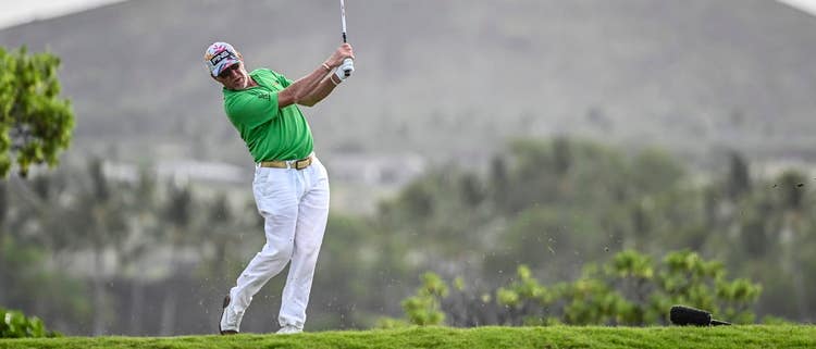 KA'UPULEHU-KONA, HI - JANUARY 16: Miguel Angel Jimenez of Spain tees off on the 17th hole during the first round of the PGA TOUR Champions Mitsubishi Electric Championship at Hualalai Golf Club on January 16, 2020 in Ka'upulehu-Kona, Hawaii. (Photo by Chris Condon/PGA TOUR via Getty Images)